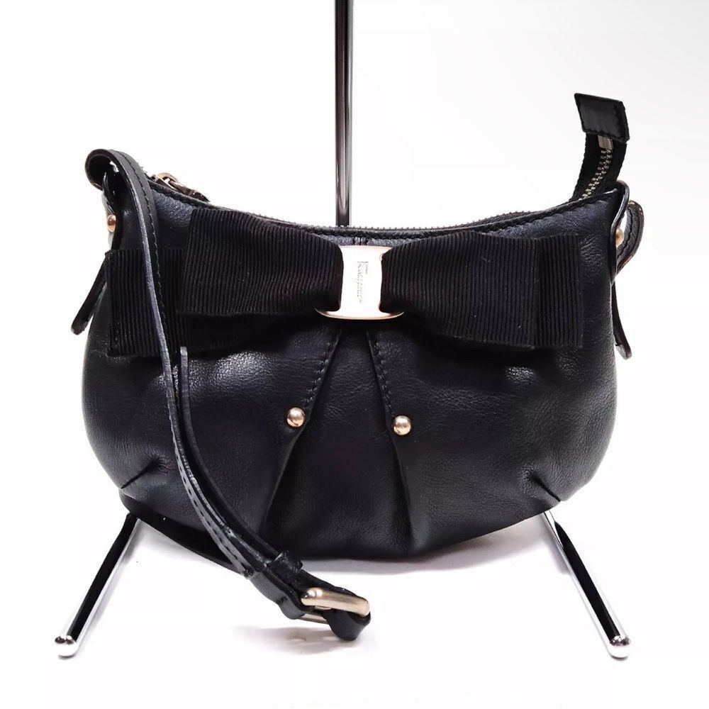 Auth Salvator Ferragamo Black Leather Small Studded Crescent Vara Hobo Bag